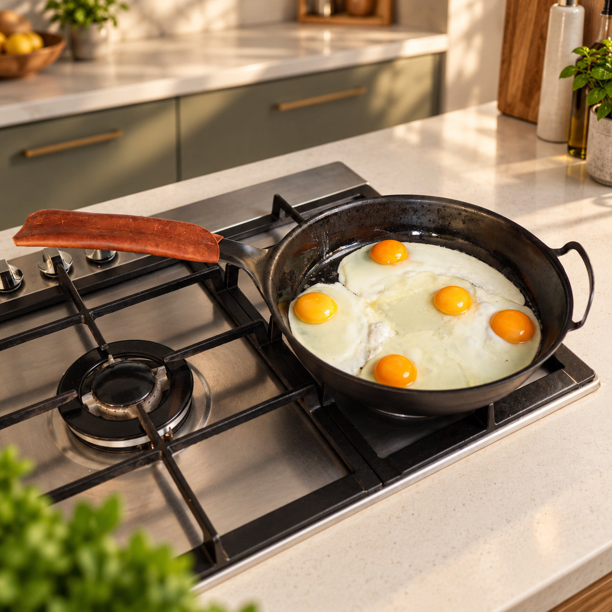 Five eggs frying at once in a Yahgan Black Series 30cm carbon steel pan on a gas cooktop