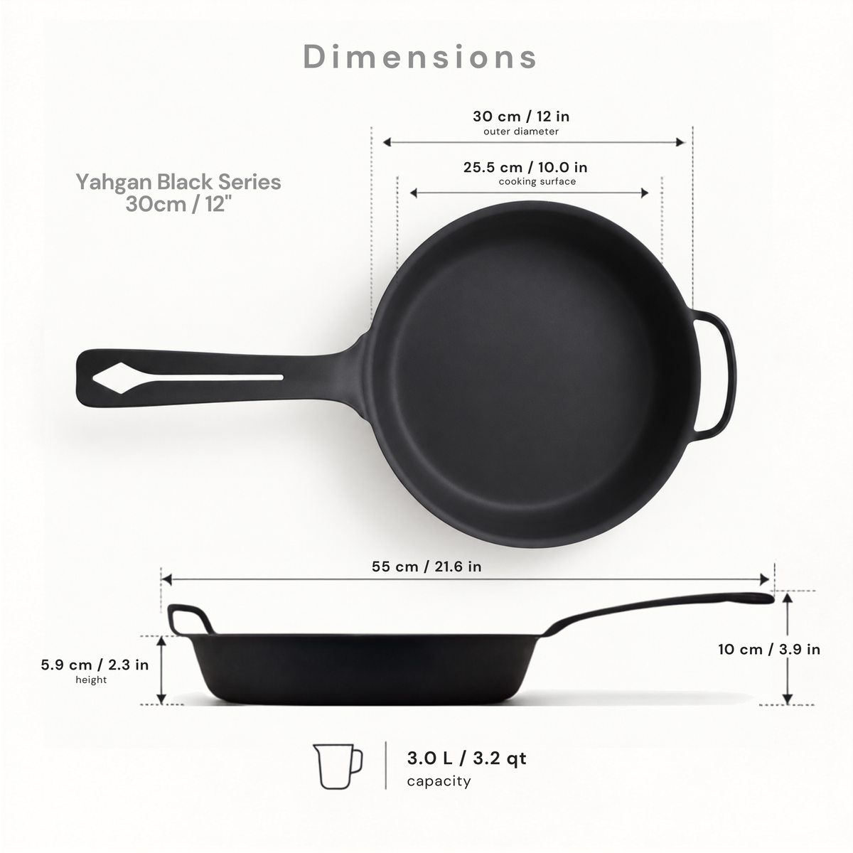 Yahgan Black Series 30cm dimensions: 55cm total length, 25.5cm cooking surface, 5.7cm walls, 2.5kg
