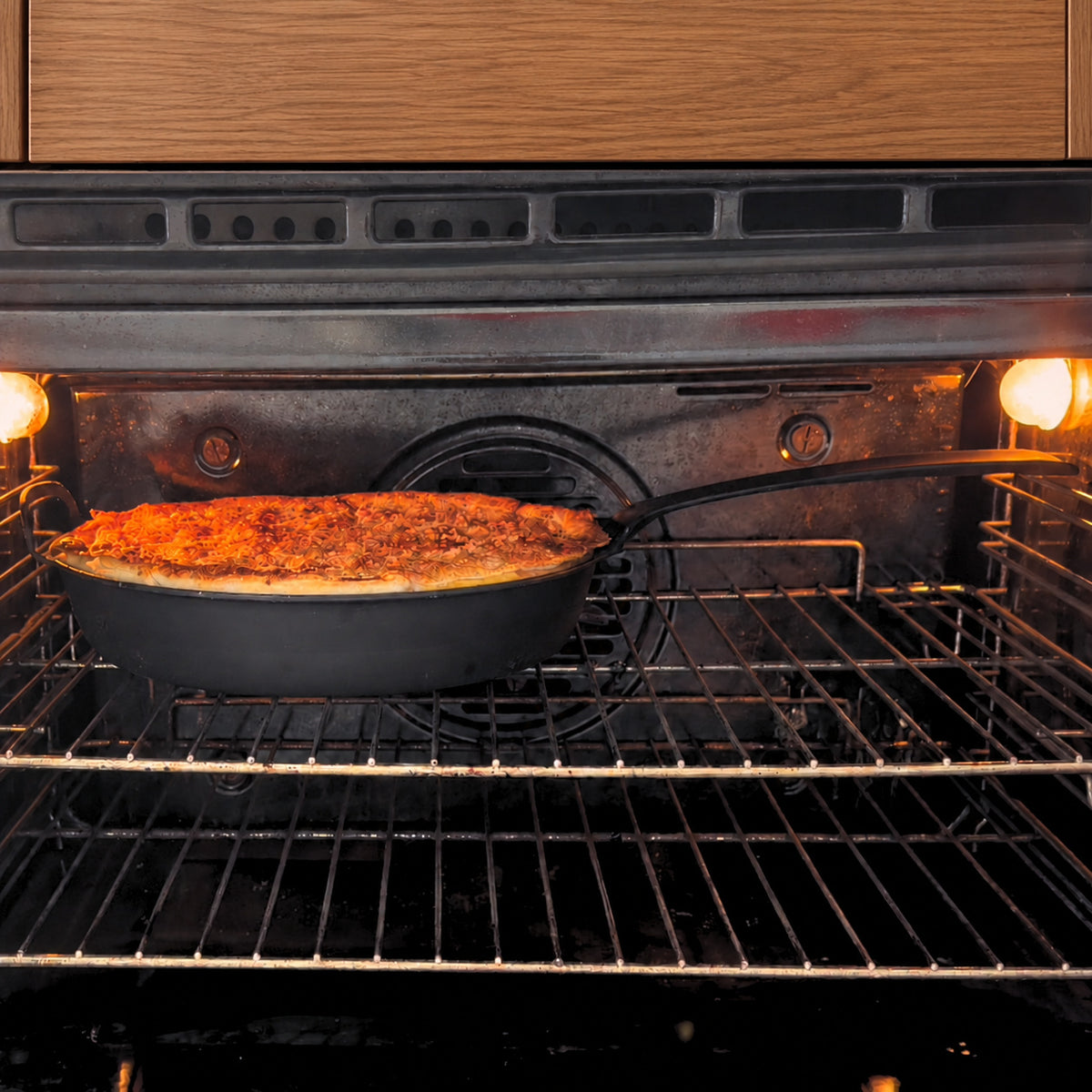 Yahgan Black Series 30cm carbon steel pan baking in an oven, oven safe to 500C / 930F