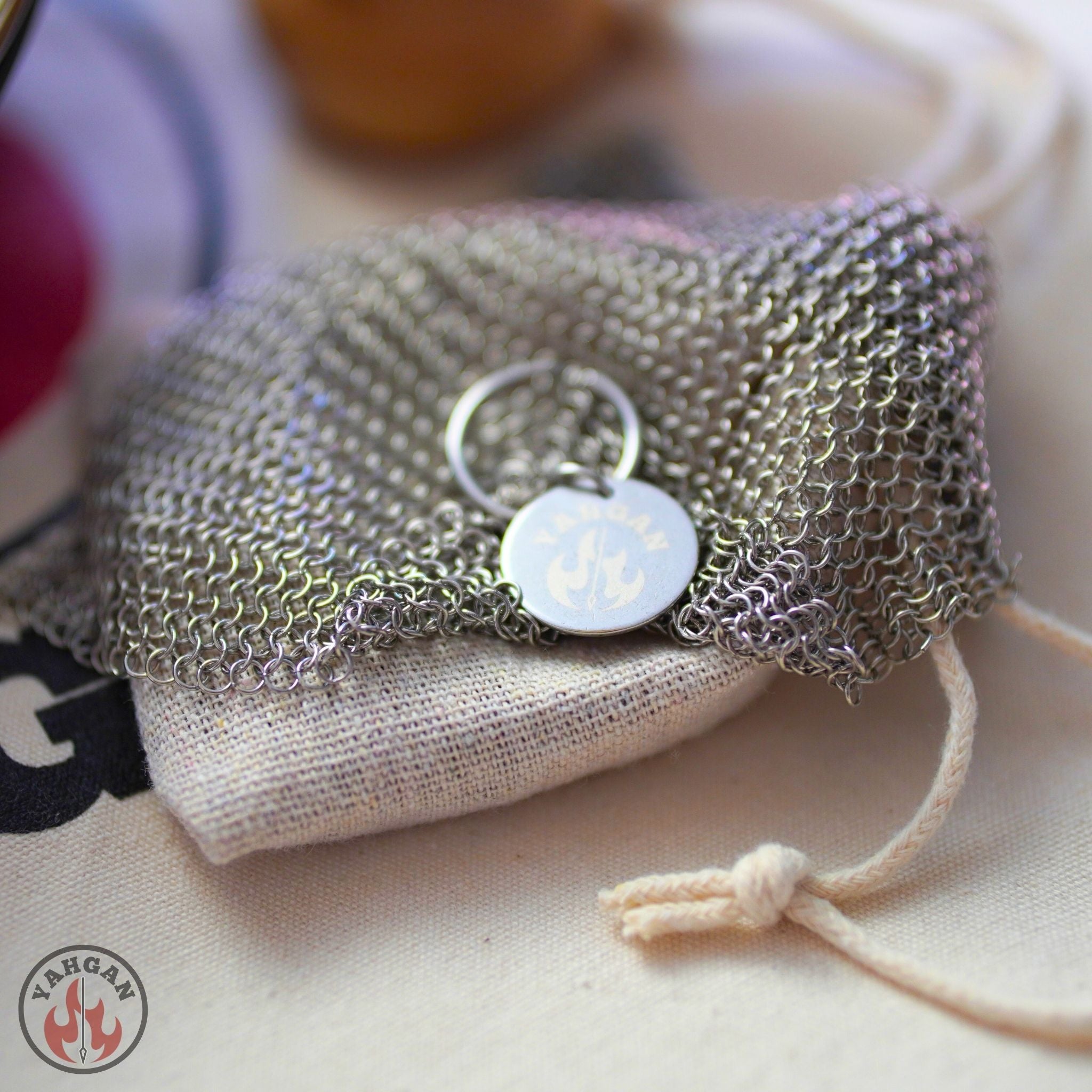 Close-up of 316L stainless steel welded chainmail scrubber showing 3.8mm fine ring construction