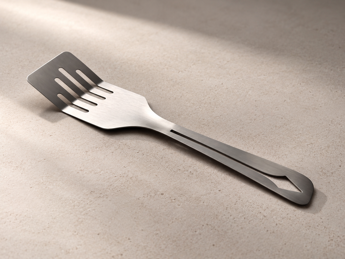 Yahgan Mano one-piece stainless steel spatula on a stone surface