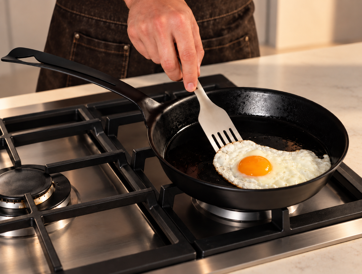 Yahgan Mano spatula sliding under a fried egg in a pan