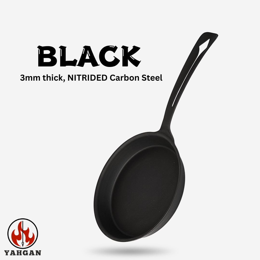 Yahgan Black Series — nitrided ST12 carbon steel pan product overview graphic