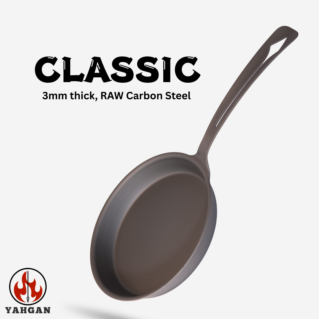 Yahgan Classic Series 26cm raw carbon steel pan — 3mm thick, one-piece forged construction